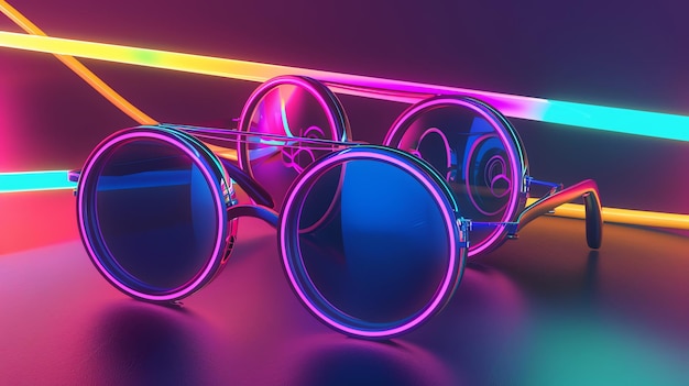 A pair of futuristic round sunglasses with a neon glow sit against a backdrop of colorful neon lights