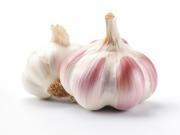 A pair of garlic with pink and white stripes on the skin