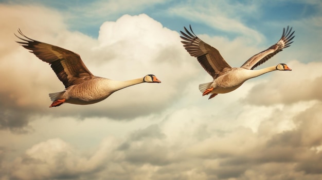 A pair of geese honking as they fly across the sky AI generated