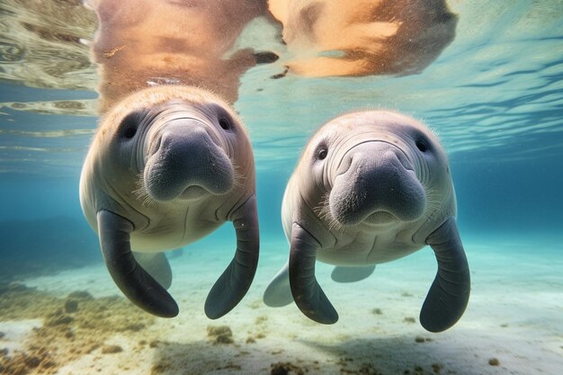 A pair of gentle manatees gracefully gliding throu