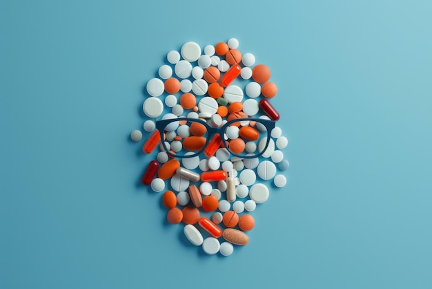 A pair of glasses sits atop a scattered collection of pills forming a facelike shape against a blue background