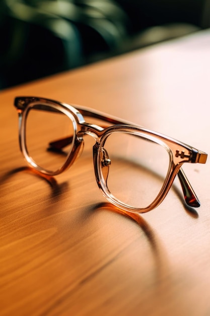 A pair of glasses on a wooden table.