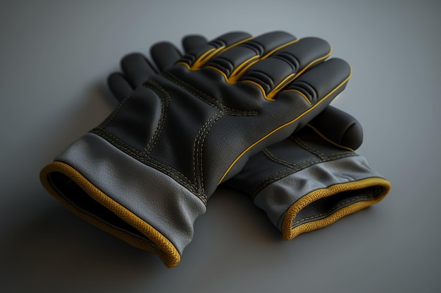 A pair of gloves with yellow trim and black trim.