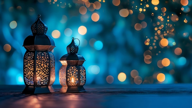 A pair of glowing Moroccan decorative lanterns on the table Greeting card invitation to the Muslim