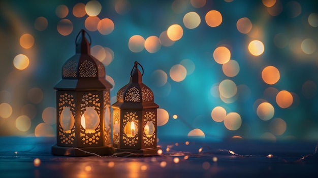 A pair of glowing Moroccan decorative lanterns on the table Greeting card invitation to the Muslim