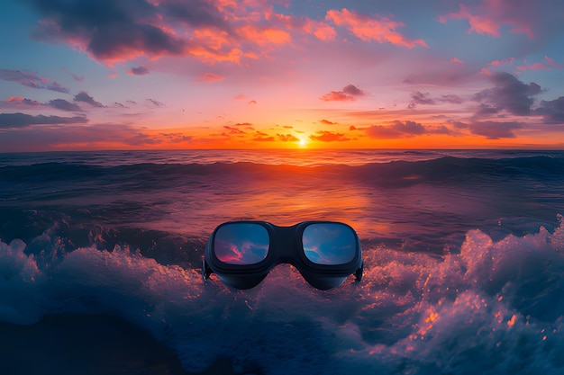 Photo a pair of goggles in the water with the sun setting behind them