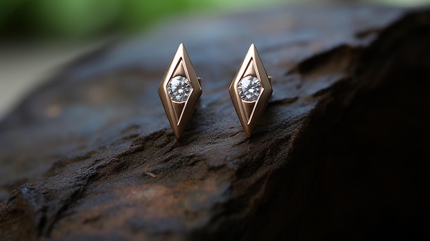 A pair of gold earrings shaped like diamonds with three small diamonds in each earring