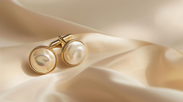 a pair of gold earrings with a white cloth