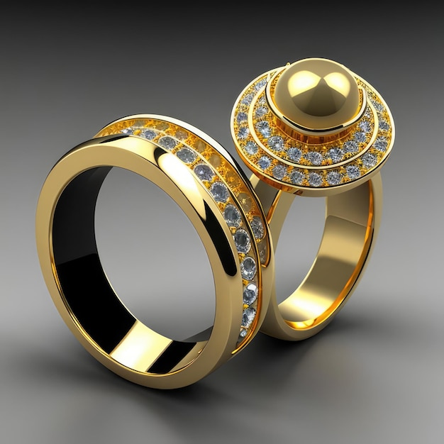 A pair of gold rings with diamonds and a small ball on the top.