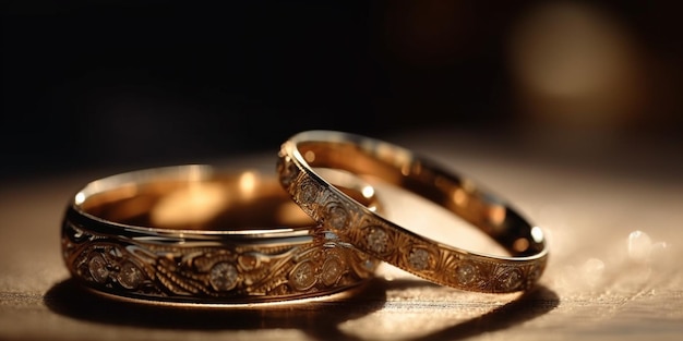 A pair of gold wedding rings on blurred background