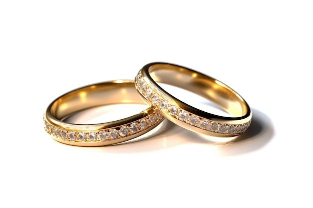 A pair of gold wedding rings with diamonds on them