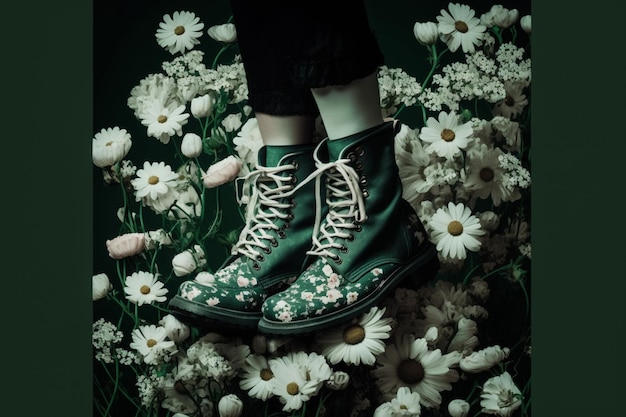 A pair of green boots with a flower pattern on the bottom and the word daisy on the bottom.