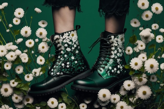 A pair of green boots with white flowers on the bottom.