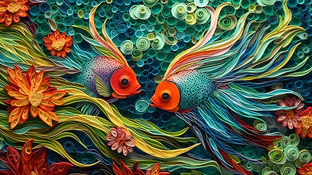 A pair of guppy fish in quilling style their vibrant scales and intricate paper coils