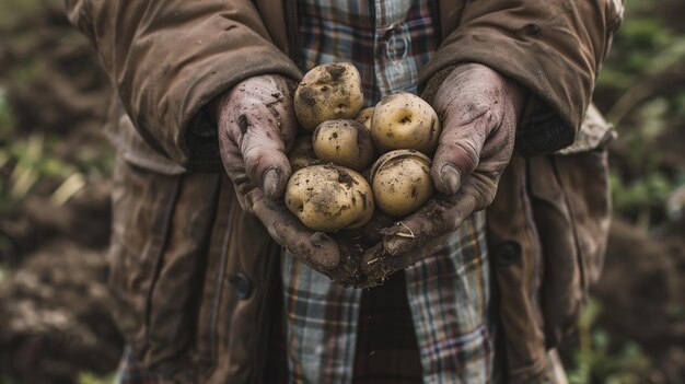 A pair of hands cradling a group of freshly harvested potatoes still speckled with soil