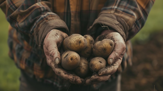 A pair of hands cradling a group of freshly harvested potatoes still speckled with soil