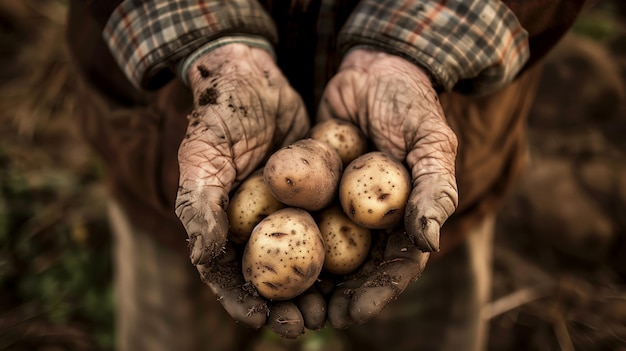 A pair of hands cradling a group of freshly harvested potatoes still speckled with soil