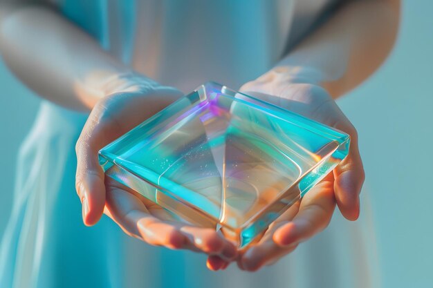 Photo a pair of hands gently cradle a colorful glass prism