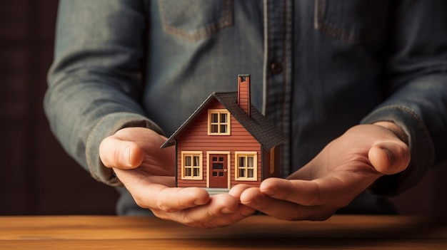 A Pair of Hands Holding a Miniature Model House Symbolizing Real Estate Homeownership and Investment Concepts in a Warm and Cozy Environment