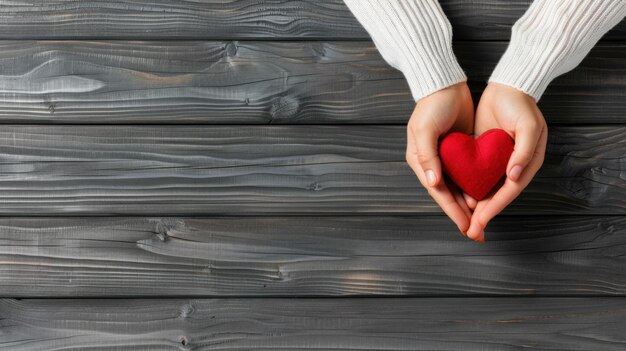 Photo a pair of hands holding a red heart on a gray wooden background symbolizing love and care