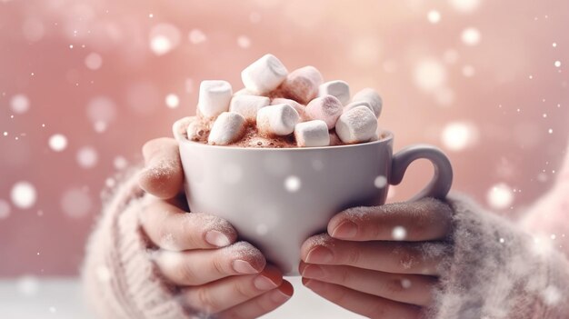 Pair of Hands Holding Steaming Cup of Hot Cocoa