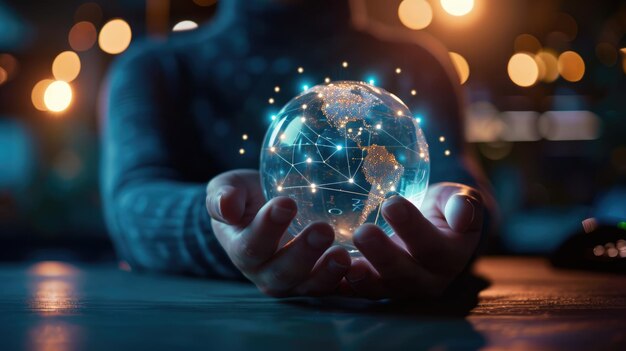 Pair of hands holding a transparent globe with digital connections and nodes superimposed over it representing a network global communication