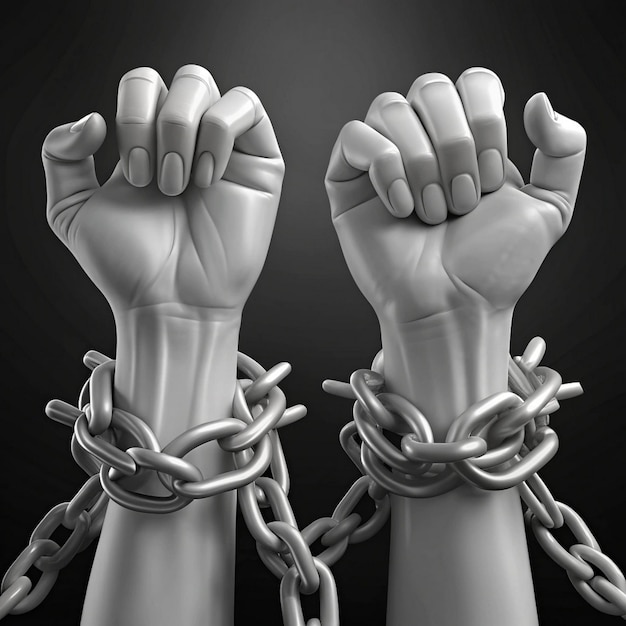 a pair of hands with chains and chains that say hands are tied together