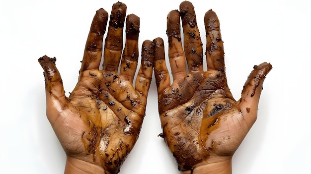 a pair of hands with mud stain isolated on white background