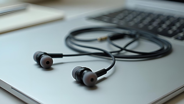 a pair of headphones are on a desk with a keyboard