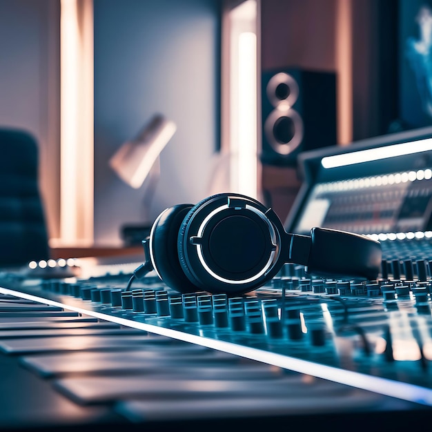 Photo a pair of headphones are on a table in front of a sound board