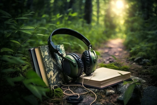 Pair of headphones and book in the woods Generative AI