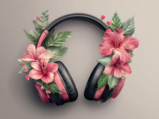 Photo a pair of headphones with flowers and leaves