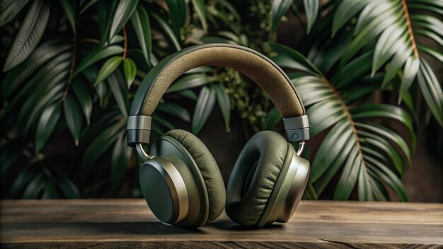 Photo a pair of headphones with a green background and a plant in the background