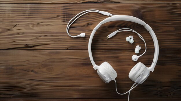 a pair of headphones with headphones on a wooden table