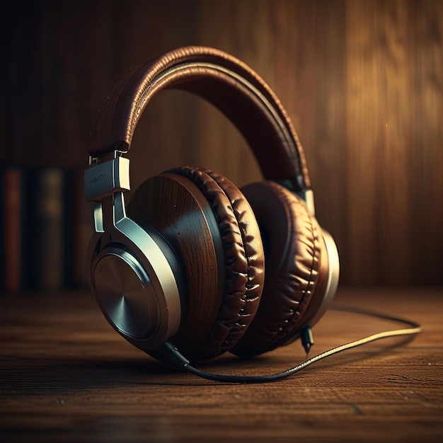 a pair of headphones with a wooden background AI Generated