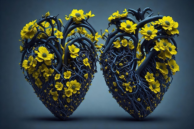 A pair of hearts with yellow flowers