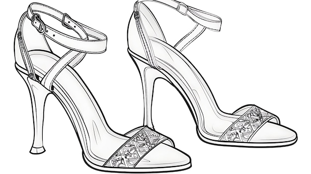 A pair of highheeled sandals with ankle straps The shoes are white with a floral pattern on the straps