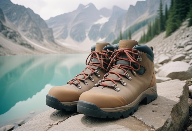 a pair of hiking boots sit on a rock in front of a lake