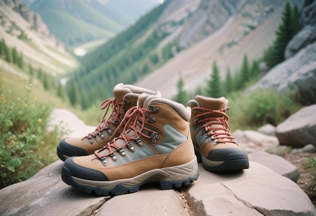 a pair of hiking boots sit on a rock