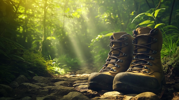 A pair of hiking boots sit on a rocky path in a lush forest with sunbeams shining through the trees