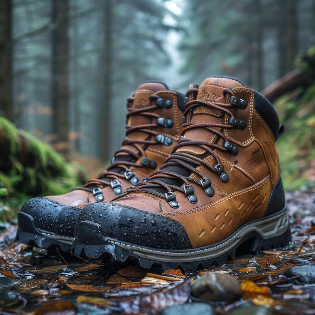 a pair of hiking boots with a black and brown design on the bottom