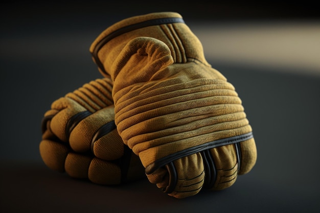 A pair of hockey gloves are on a dark background.