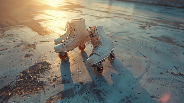 a pair of ice skates with the sun behind them