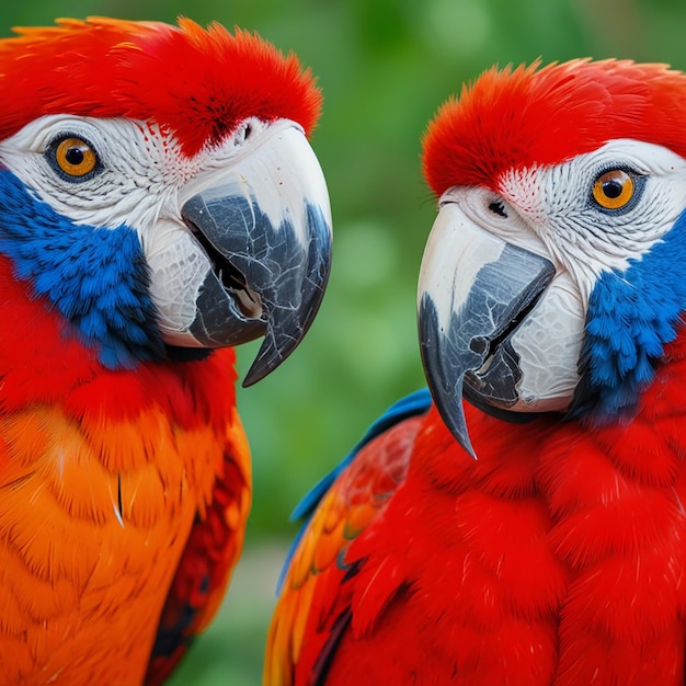 A Pair of Identical Macaws in Closeup Shot