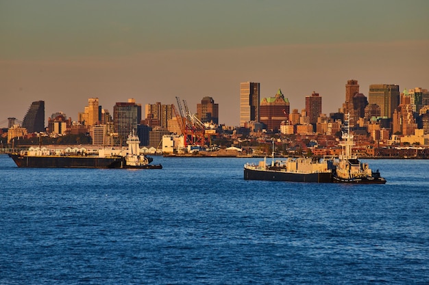 Pair of industrial merchant ships in New York City bay in golden hour with city behind