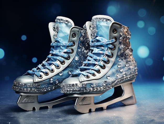 A pair of jeweled shiny blue ice skates with crystals for figure skating performance on blue bokeh background Blue glittering ice skates banner Figure ice skating background AI