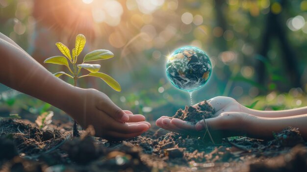 Pair of kids hands water a sapling with Earth hologram illustrating nurturing the planet via zero carbon technologies Zero carbon technology