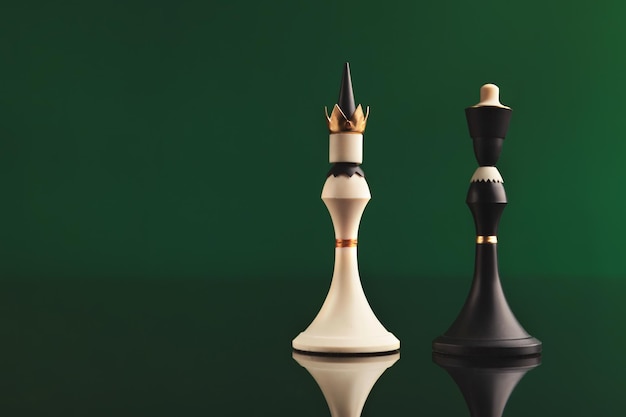 Pair of king chess pieces confronted as opposites on green background with reflection. Forbidden love, rival figures, copy space