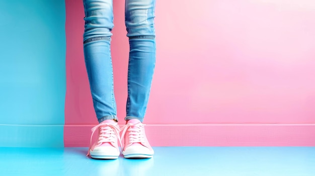 A pair of light blue jeans and bright pink sneakers stand out against a minimalist pastel pink and blue background