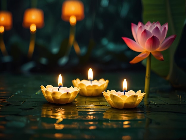 a pair of lit candles with a pink lotus flower in the middle